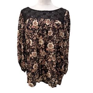Denim & Supply Ralph Lauren Brown Floral Crochet Boho Peasant Top Large Folk